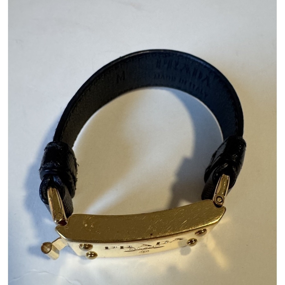 Prada Gold Plaque Bracelet Black Leather - Picture 4 of 9